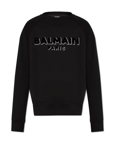 Balmain Flocked Logo Sweatshirt Black In Black,gold