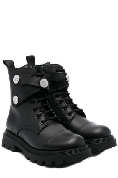 Balmain Kids' Logo Leather Boots In Black