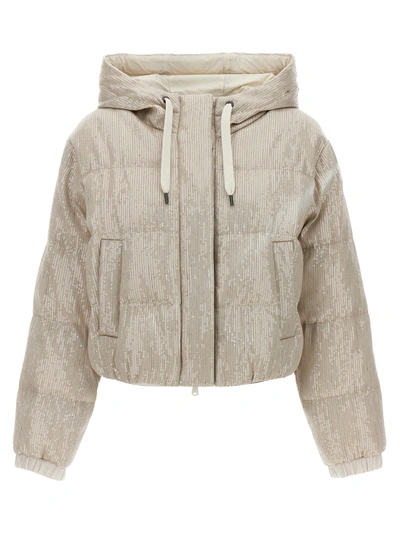 Brunello Cucinelli Sequin Down Jacket Casual Jackets, Parka Beige