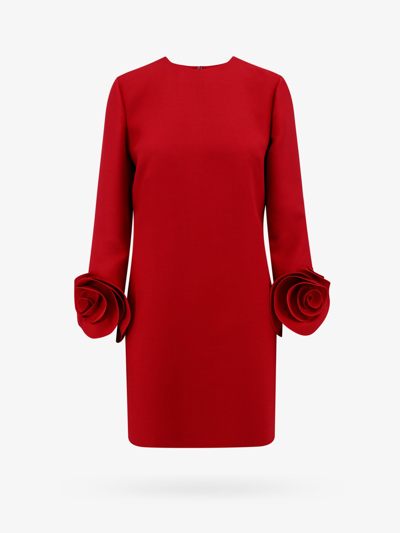 Valentino Rosette Cuff Wool-silk Mini Dress In Red