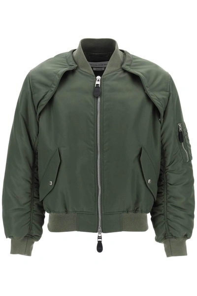 Alexander Mcqueen Convertible Bomber Jacket In Nylon Satin In Green