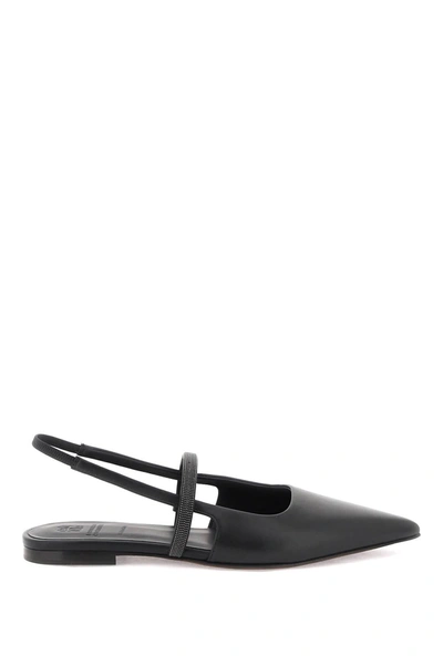 Brunello Cucinelli Embellished Cutout Leather Slingback Ballet Flats In Black