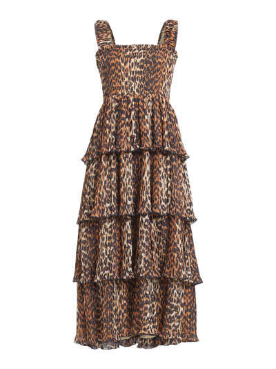 GANNI WOMEN'S LEOPARD PLEATED GEORGETTE FLOUNCE SMOCK MIDI DRESS