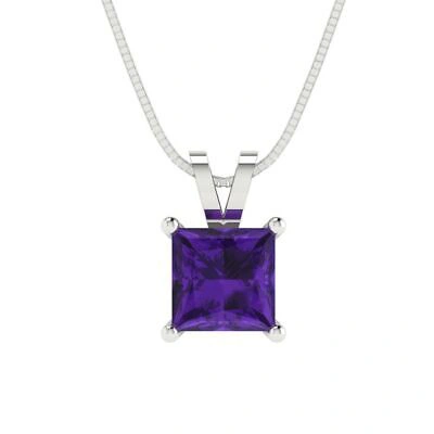 Pre-owned Pucci 3.0 Ct Princess Cut Vvs1 Real Amethyst Pendant Necklace 18" Chain 14k White Gold