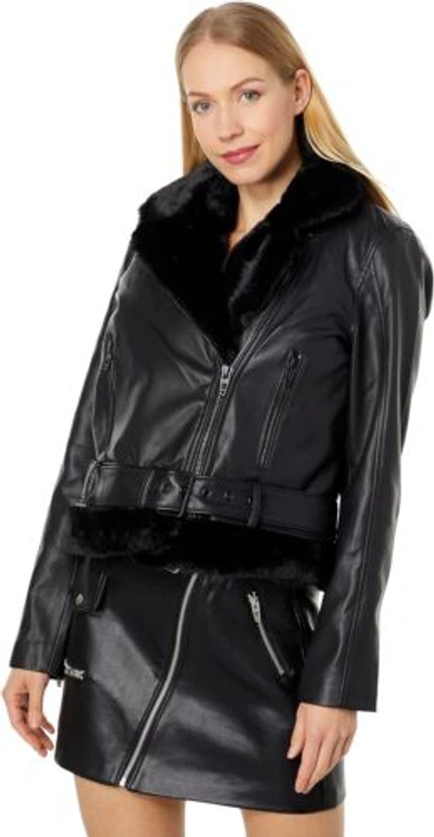 Pre-owned Blanknyc [] Womens Luxury Clothing Vegan Leather Moto Jacket With Fur Trim,... In Perfect Night