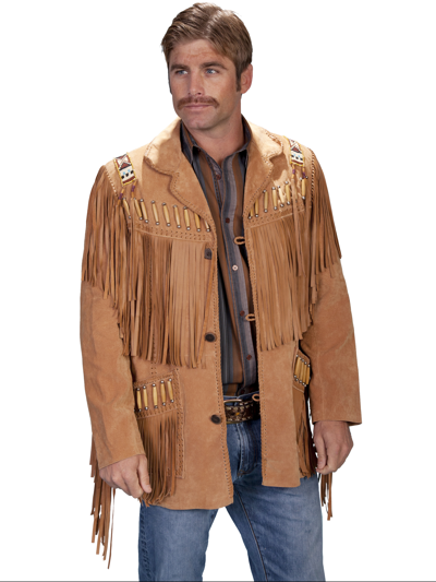 Pre-owned Scully Leather Mens Boar Suede Fringe Mountain Man Jacket Bourbon