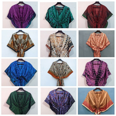 Pre-owned Handmade 20 Pcs Lot Vintage Silk Saree Kaftan Kimono Women's Holiday Silk Caftan Dress In Multicolor