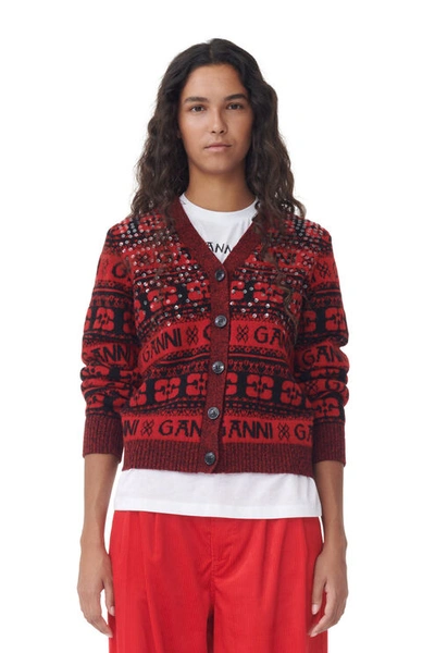Ganni Red Sequins Logo Wool Mix Cardigan In High Risk Red