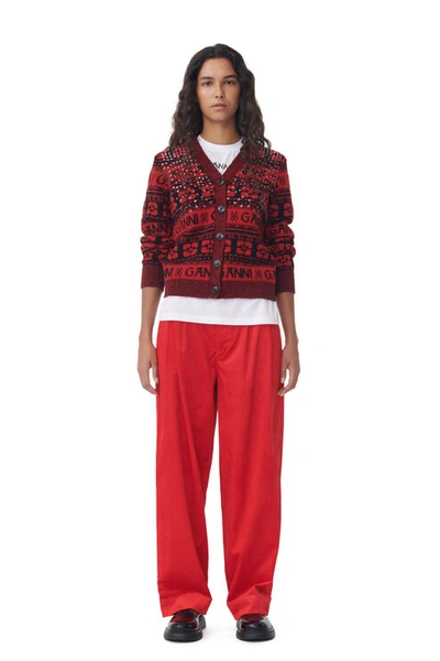 Ganni Red Shiny Corduroy Loose Pleat Trousers