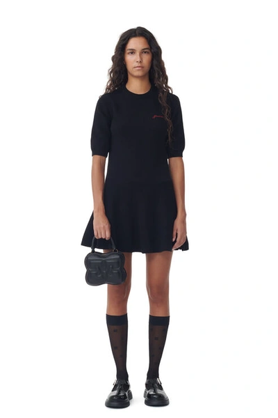 Ganni Logo Wool Mix Mini Dress In Black