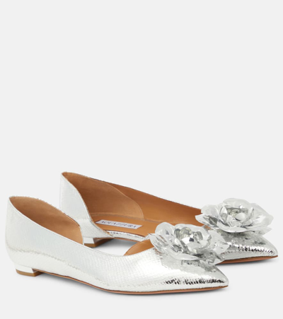 Aquazzura Paris Rose Metallic Leather Ballet Flats In Silver