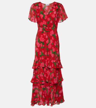 Rixo London Gilly Floral Tiered Silk Maxi Dress In Red