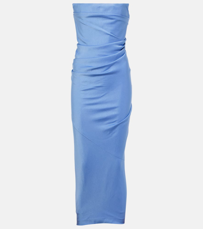 Alex Perry Satin Crepe Strapless Draped Midi Dress In Blue