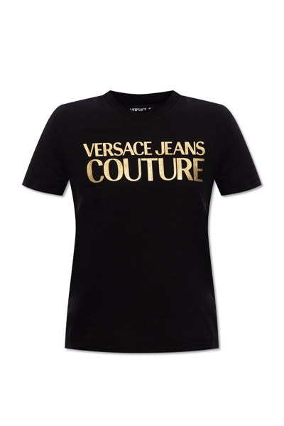 Versace Jeans Couture Logo印花棉t恤 In Black+gold