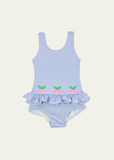Florence Eiseman Kids' Girl's Seersucker One-piece Swimsuit With Cherries In Blue/white