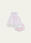 FLORENCE EISEMAN GIRL'S PINK LINEN LOOK DRESS AND BLOOMER SET WITH FLOWERS