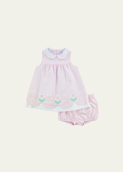 Florence Eiseman Kids' Girl's Pink Linen Look Dress And Bloomer Set With Flowers In Pink/white