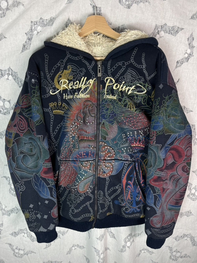Pre-owned Ed Hardy Really Point Like  Zip Sherpa Jacket Hoodie Y2k Drip In Navy