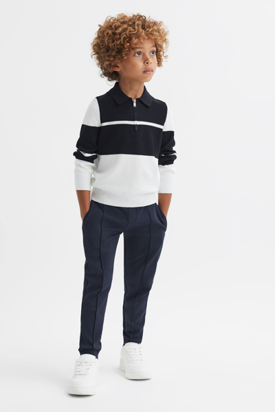 Reiss Kids' Tokyo - Navy/white Senior Slim Fit Half-zip Long Sleeve Polo Shirt, Uk 10-11 Yrs