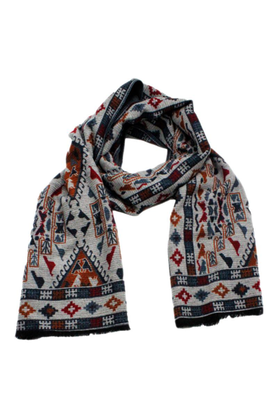 Kiton Light Scarf With Small Fringes At The Bottom With A Patterned Motif In Grey