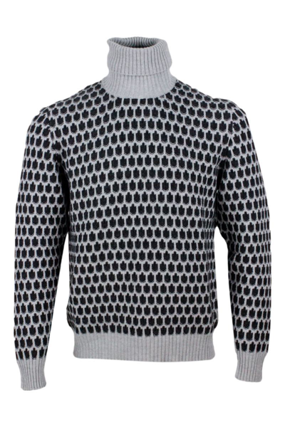 Kiton Long-sleeved Turtleneck Sweater In 100% Pure Cashmere Bicolor In Grey