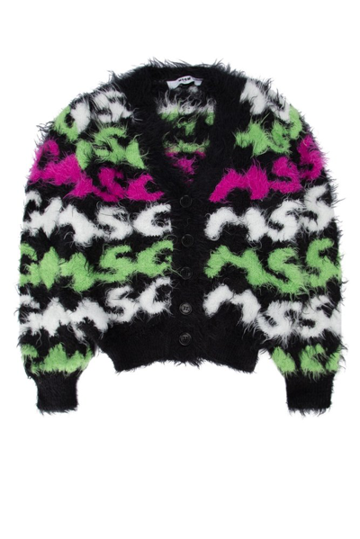 Msgm Kids' Brushed-effect Intarsia-knit Cardigan In Black