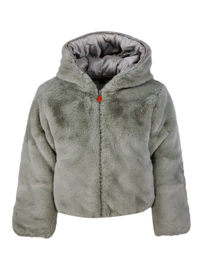 Save The Duck Kids' Chloe Reversible Down Jacket In Faux Fur With Hood With Animal Free Padding With Animal Free Padding In Multi