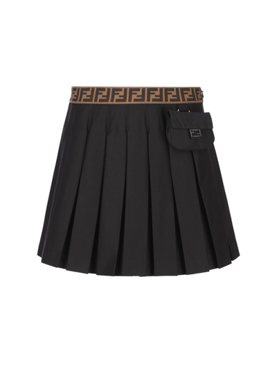 Fendi Kids' Black Casual Skirt For Girls With Baguette And Ff Logo