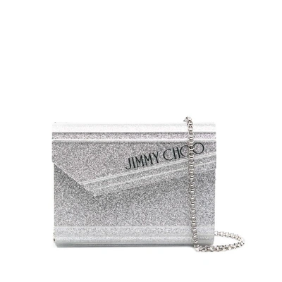 Jimmy Choo Silver Compact Clutch Bag With Chain And Logo Detail In Glitter Acrylic Woman In Grey