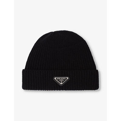 PRADA MENS BLACK BRAND-PLAQUE CASHMERE AND WOOL-BLEND BEANIE HAT