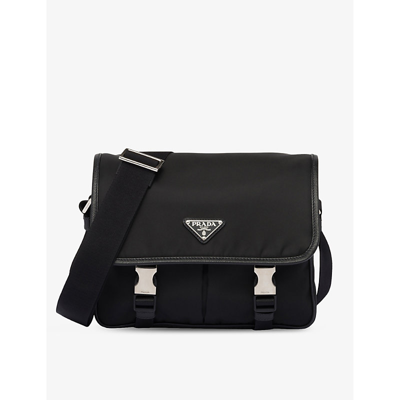 PRADA MENS BLACK RE-NYLON LEATHER AND NYLON SHOULDER BAG