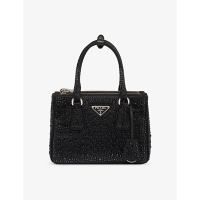 Prada Black Galleria Mini Crystal-embellished Satin Bag In Black