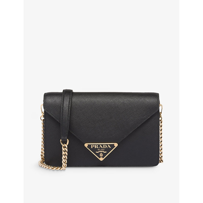 Prada Womens Black Logo-plaque Leather Shoulder Bag