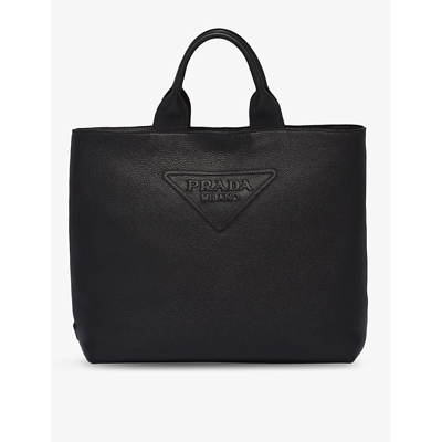 Prada Logo-embossed Leather Tote Bag In Black