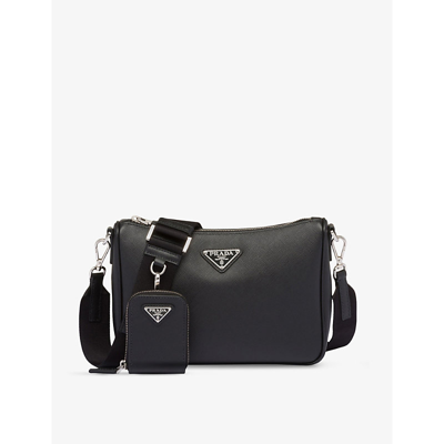 Prada Mens Black Logo-plaque Saffiano-leather Shoulder Bag