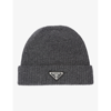 Prada Mens Grey Brand-plaque Cashmere And Wool-blend Beanie Hat