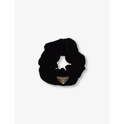Prada Womens Black Logo-plaque Velvet Scrunchie