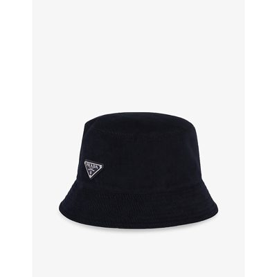 Prada Mens Blue Brand-plaque Wide-brim Corduroy Bucket Hat
