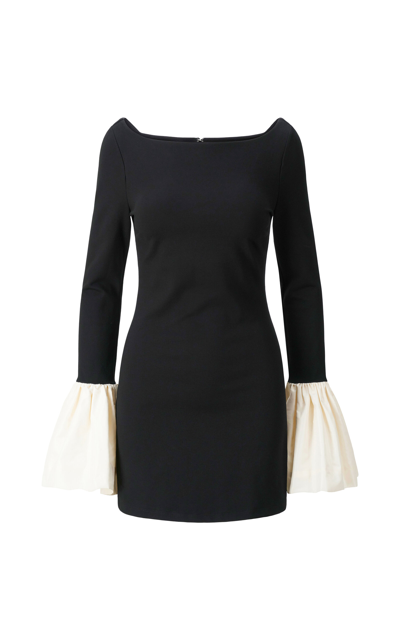 Staud Hawthorne Two-tone Bell-sleeve Mini Dress In Black/iovry