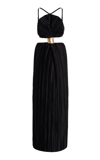 Cult Gaia Mitra Embellished Cutout Plissé-satin Halterneck Gown In Black