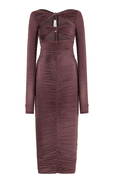 Alex Perry Ruched Cutout Crystal-embellished Jersey Midi Dress In Brown