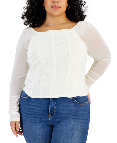 Full Circle Trends Trendy Plus Size Mesh-sleeve Ruched Corset Top In Marshmallow