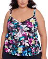 SWIM SOLUTIONS PLUS SIZE FLORAL-PRINT TIERED TANKINI TOP, CREATED FOR MACY'S