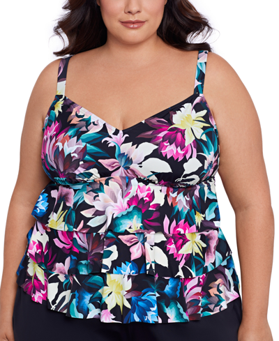 Swim Solutions Plus Size Floral-print Tiered Tankini Top, Created For Macy's In Dark Lotus
