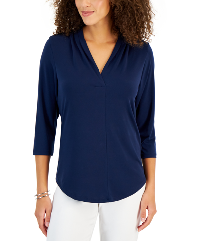Jm Collection Women's 3/4 Sleeve V-neck Pleat Top, Created For Macy's In Intrepid Blue