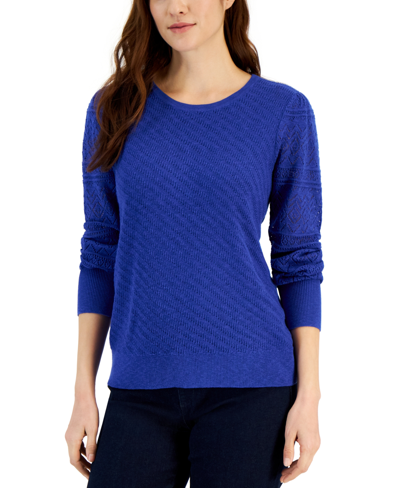 Style & Co Petite Pointelle Pattern Sleeve Sweater, Created For Macy's In Elegant Sapphire