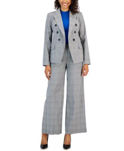 Tahari Asl Tahari Womens Plaid Wide Leg Pants Sleeveless Mock Neck Sweater Glen Plaid Blazer In Grey,blue