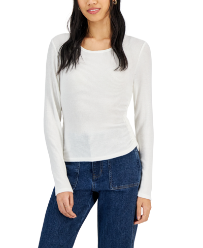 Hippie Rose Juniors' Soft Ribbed Side-ruched Long-sleeve Top In Ivory
