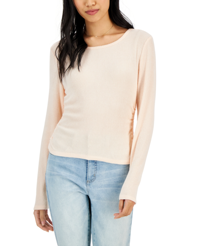 Hippie Rose Juniors' Soft Ribbed Side-ruched Long-sleeve Top In Peachy Kiss