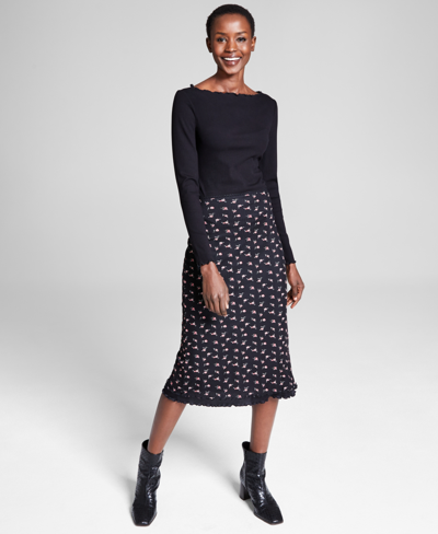 And Now This Women's Floral-print Mesh Midi Skirt, Created For Macy's In Black  Pink Floral
